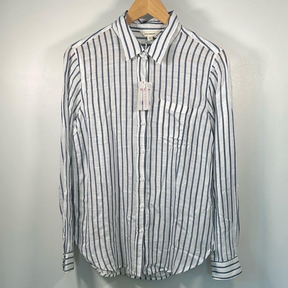 Lucky Brand Women’s Vertical Stripe Button-Down Shirt - White & Blue - Picture 5 of 16